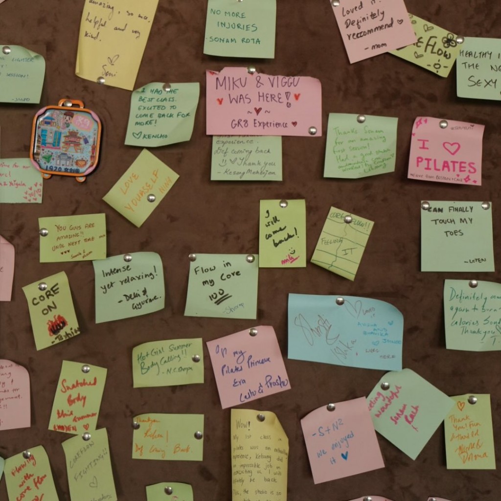 CoreFlow community testimonial wall — notes from members at the studio